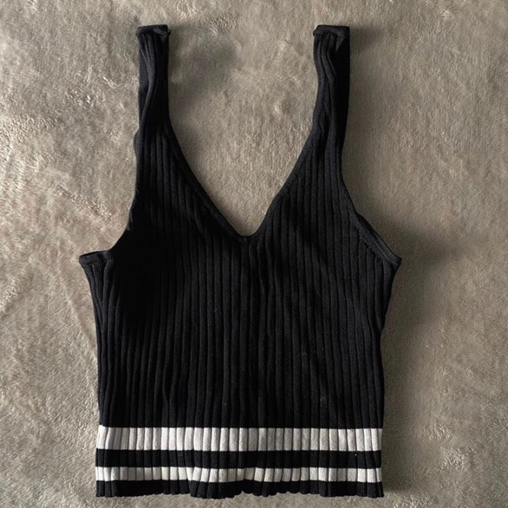 Black Cropped Top with Stripe Detail